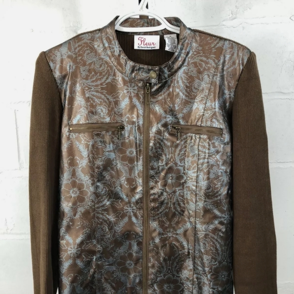 XL Faux leather Brown Top with intricate floral designs
